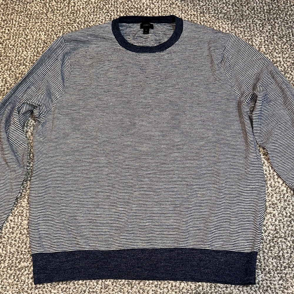 J. Crew Men's Blue and White Striped Crewneck Sweater